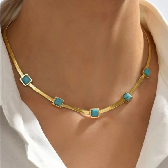Turquoise Blue Stone Square Herringbone Necklace - Picture 8 of 17